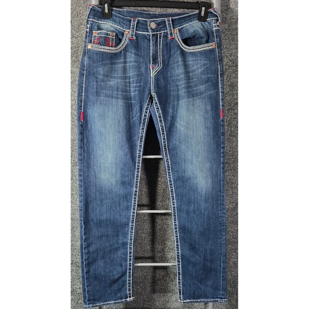 True Religion Rocco Relaxed Skinny Jeans Big T Stitch Blue Red Horseshoe 32x31